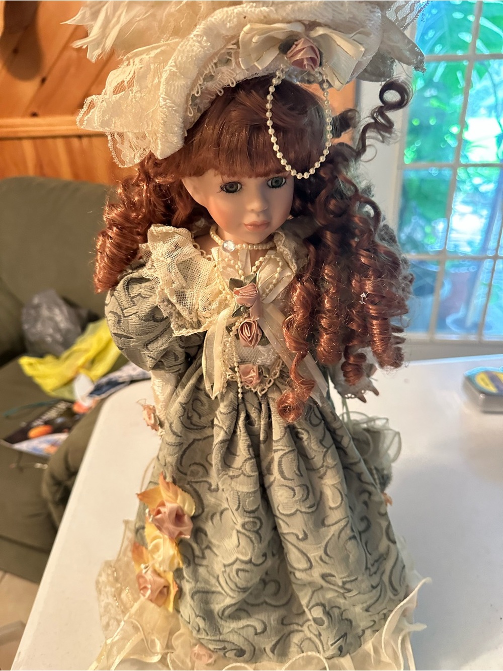 Vintage/ Dollhouse Porcelain Doll in Sage Green Lace Dress with Auburn Curls